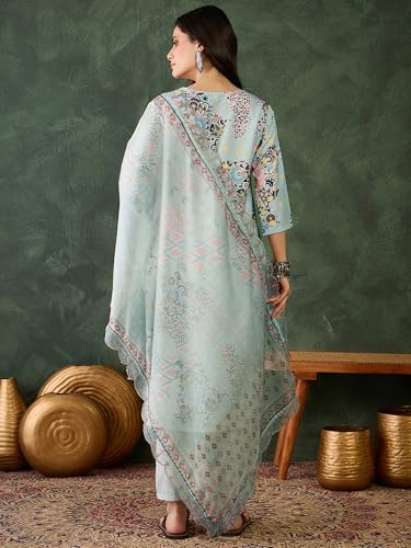 Image of Naixa Women's Organza Embroidered Straight Kurta with Pant and Dupatta Sets (NX-453)