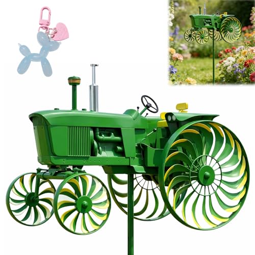 Green Tractor Windmill for Yard and Garden, Metal Wind Spinners Outdoor with Stake, Kinetic Garden...