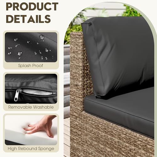 Image of LHBcraft 7 Piece Outside Sectional Furniture Set, All Weather Wicker Patio Sofa, Outdoor Sectional Balcony Furniture with Black Cushion & Glass Coffee Table