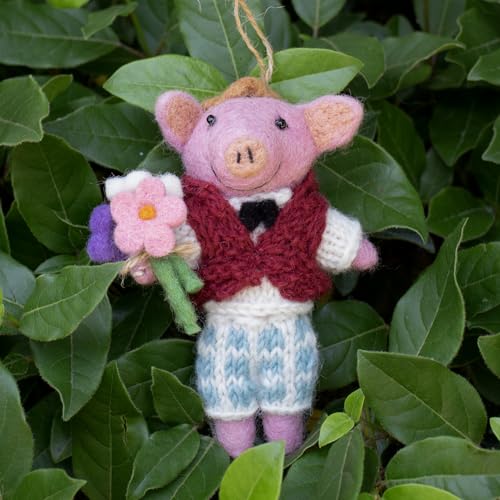 YANG MIE MIE Collectible Felt Critter, 5.9 inch Felt Pig with Knit Clothes, Hat, Flowers, Christmas Felting Ornaments Mini Hanging Wool Figurines, Animal Crafts Xmas Tree Home Office Party Decor — view 3