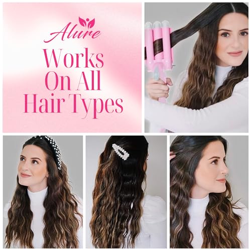 Image of Alure Three Barrel Curling Iron Wand Hair Waver with LCD Temperature Display - 1 Inch Ceramic Tourmaline Triple Barrels, Dual Voltage Crimp (White /Pink)