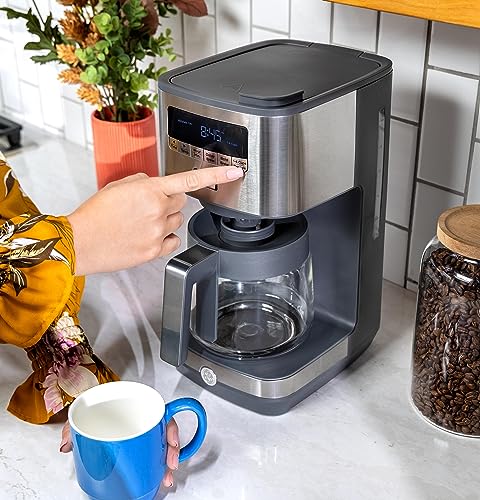 Image of GE Drip Coffee Maker With Timer | 12-Cup Glass Carafe Coffee Pot With Adjustable Keep Warm Plate | Wide Shower Head for Maximum Flavor | Kitchen Essentials | Stainless Steel