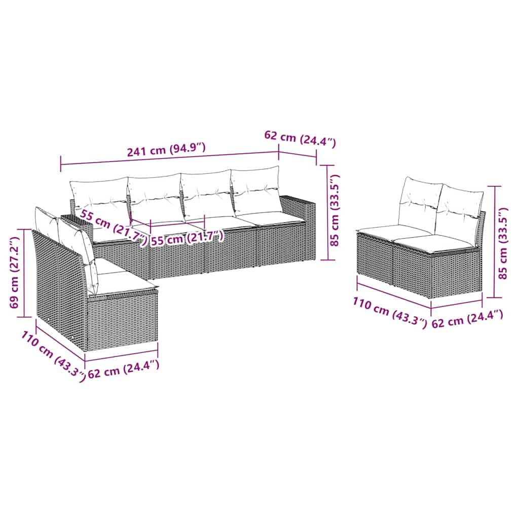 Set di divani da giardino in polyrattan marrone, 8 pezzi, con cuscini, borsa impermeabile, resistente ai raggi UV, portata 110 kg, per balcone, terrazza