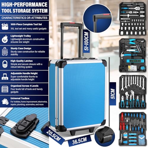 TEENO Maletín Herramientas | 1000 Piezas Caja Herramientas | Carro Herramientas con Asa Telescópica | Caja de Herramientas Completa con 4 Niveles | Maleta de Cromo Vanadio y Acero | Hogar, Auto y DIY - imagen 2