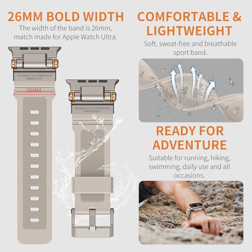 Image of FOAMUNOC Rugged Band Compatible with Apple Watch Ultra 3 /2 /1 Band 49mm /46mm /45mm /44mm /42mm, Metal Connector with Strap for iWatch Ultra Series 11 /10 /9 /8 /7 /6 /SE3 /SE2 /SE /5 /4 /3 /2 /1, Starlight /Titanium