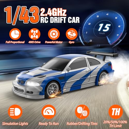 Image of RC Drift Car,1 /43 Mini with Gyroscope,2.4GHz Full Proportional Remote Control Car,4WD High Speed Race Car with Lights,Racing Tires,RC Model Cars Gift for Adults,Kids,Boys,Girls,Multicolor