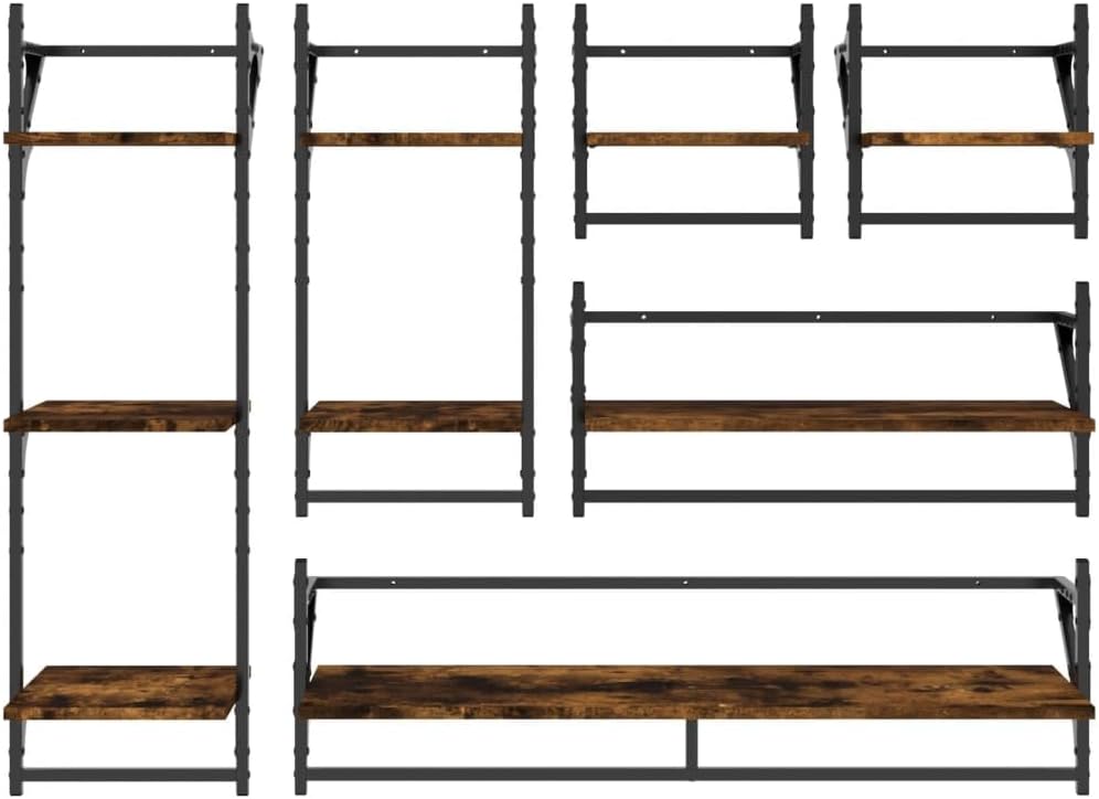 6 Piece Wall Shelf Set with Bars, Smoked Oak Engineered Wood Floating Shelves for Room Decor, Kitchen, Bathroom, Living Room Storage