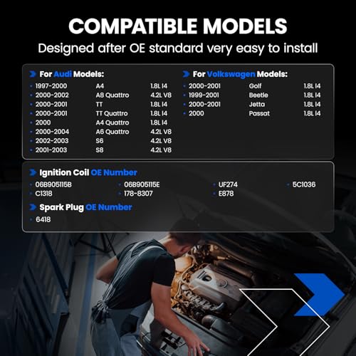 Image of 4-Pack UF274 Ignition Coils & 6418 Spark Plugs Kit Compatible with Audi A4 A6 A8 S6 S8 TT Quattro, Volkswagen Beetle Golf Jetta Passat, 1.8L 4.2L - Replaces 06B905115B 5C1036 C1318 & more