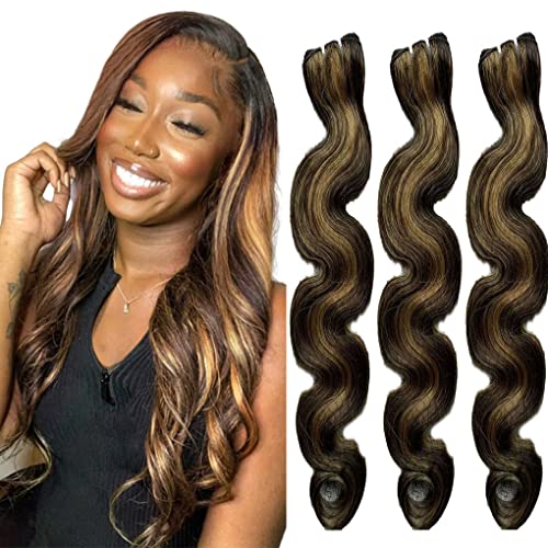 JcziJcx Ombre Human Hair Bundles Brazilian Hair Extensions P4/27 Body Wave Bundles Two Tone Bundles For Women Double Weft Blonde Bundles 18 20 22 Inch