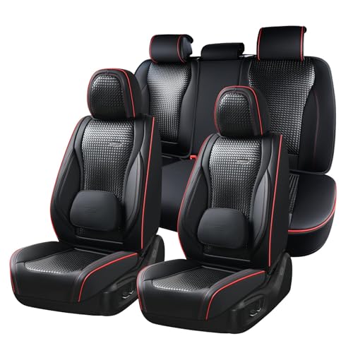 Image of Coverado Car Seat Covers Full Set, Black Redline Seat Covers for Cars, Waterproof Nappa Leather Automotive Seat Covers with Lumbar Head Pillow, Car Seat Protectors, Universal Fit for Most Cars SUV