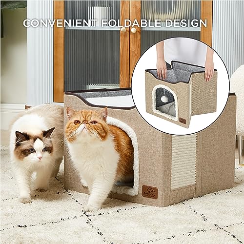 Bedsure Cat Beds for Indoor Cats - Large Cat Cave for Pet Cat House with Fluffy Ball Hanging and Scratch Pad, Foldable Cat Hideaway, 16.5x16.5x13 inches, Brown by Bedsure - Image 4