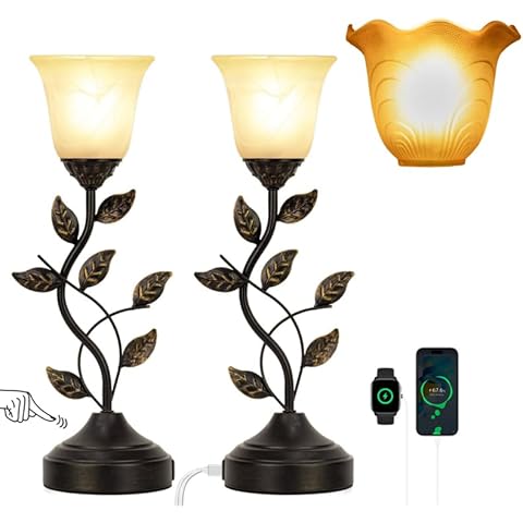 20 Inch Bedside Lamps Set of 2 with Amber Glass Lampshade, Table Lamp for Bedroom Touch Control 3-Way Dimmable with USB-A & USB-C Charging Ports, Torchiere Lamps for Night Stands Bulbs Included Cover