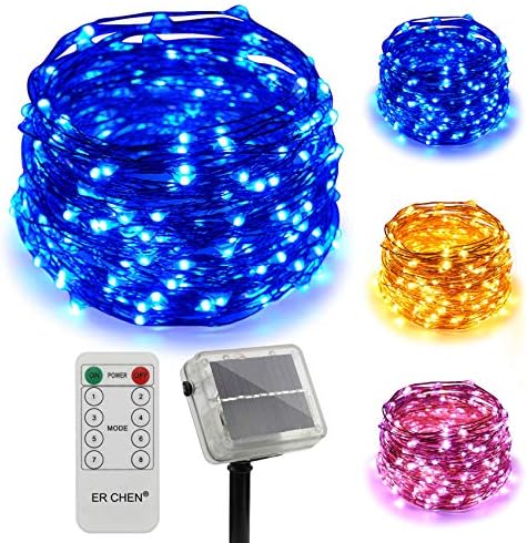 ErChen Dual-Color Solar Powered LED String Lights, 33FT 100 LEDs Remote Control Color Changing 8 Modes Copper Wire Decorative Fairy Lights for Outdoor Garden Patio (Warm White, Blue)