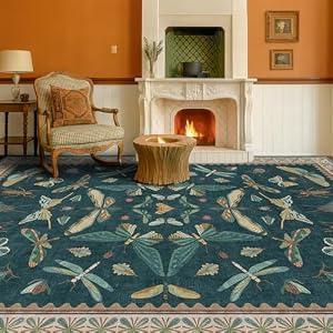 Hazo Haus Oriental Blue and Green Area Rugs for Living Room 6x9 - Insect & Butterfly Dining Table Rug, Bedroom Boys, Washable Non Skid Rubber Backed, Vintage Funky Home Décor