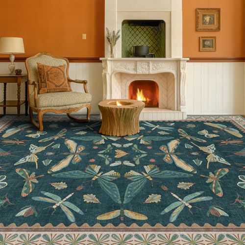 Oriental Blue and Green Area Rugs for Living Room 6x9 - Insect & Butterfly Dining Table Rug, Bedroom Boys, Washable Non Skid Rubber Backed, Vintage Fu