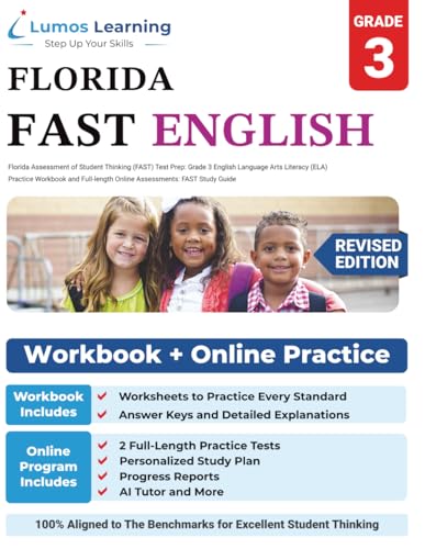 Florida Assessment of Student Thinking (FAST) Test Prep: Grade 3 English Language Arts Literacy (ELA) Practice Workbook and Full-length Online Assessments: FAST Study Guide cover