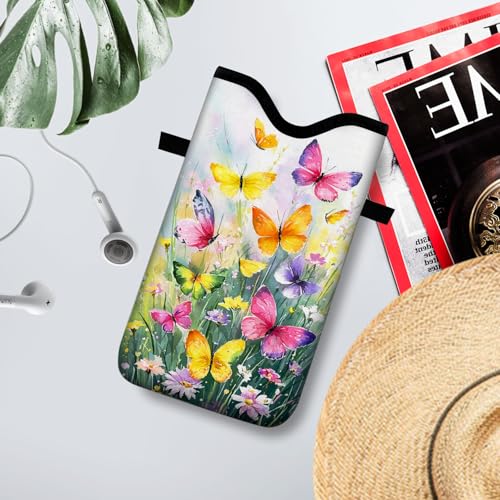 Image of Neoprene Cell Phone Sleeve Pouch Case Bag with Crossbody Strap Neck Lanyard for Women 7.1 X 3.9 in Flower Butterfly