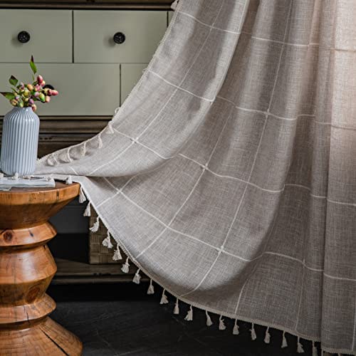 Gyihoong 1 Panel Boho Curtains 96 Inches For Bedroom Living Room Modern Farmhouse Cotton Linen Window Curtain Panels For Draperies, Lattice Embroidery Tassels Semi-Blackout Curtain(54" W X 96" L,Tan) #TOP26
