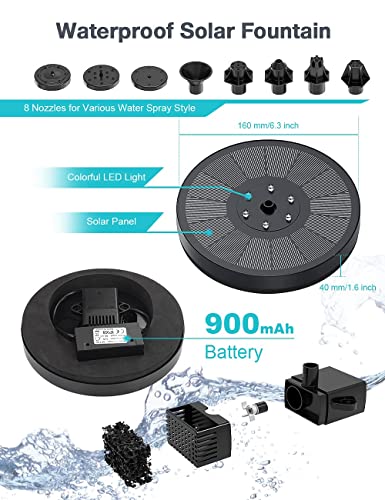 Thehomeuse Solar Water Fountain,3W Solar Fountain Pump Solar Water Pump With Battery,8 Nozzles Garden Fountain Pool Water Fountain Solar Bird Bath Fountains,Solar Fountain Pump For Bird Bath,Black4 #TOP6