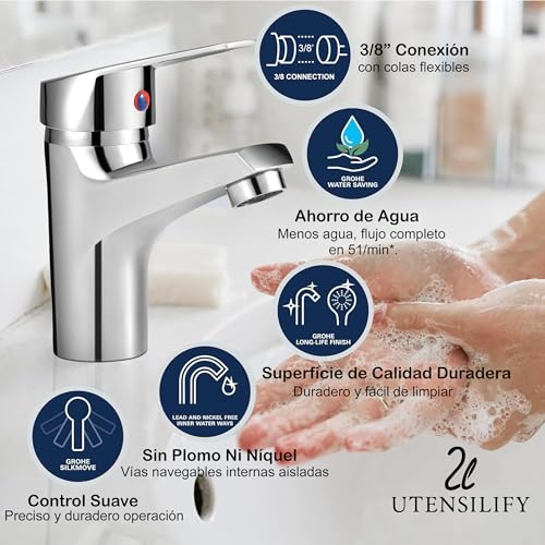 Miniatura 3 de Grifo Lavabo Utensilify Premium Grifo Baño Grifos Monomando Lavabo De Laton Cromado Griferia Baño Monomando Grifo De Lavabo Incluye Mangueras De 3 8 Para Conectar El Grifo De Lavabo