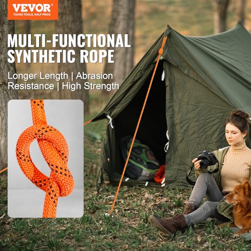VEVOR Double Braided Polyester Rope, 1/2 in x 120 ft, 48 Strands, 8000 LBS Breaking Strength Outdoor Climbing Rope, Arborist Rigging Rope for Rock Hiking Camping Swing Rappelling Rescue, Orange/Black by VEVOR - Image 2