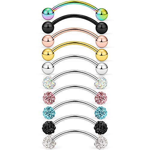 Lcolyoli 20g Surgical Steel Tiny Curved Eyebrow Barbell Ear Navel Belly Ring Piercing Jewelry for Women Men 10mm 3/8 inch Crystal Shiny Ball Spike 10 Pieces Silver-Tone Rose Gold Black