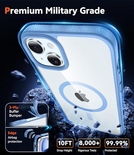 Image of FNTCASE for iPhone 15 Case Clear: iPhone 14 /13 Case Magnetic Phone Cases with Screen Protector Compatible with Magsafe Slim Anti Yellowing Rugged Protective Transparent Cell Cover (B-Sierra Blue)