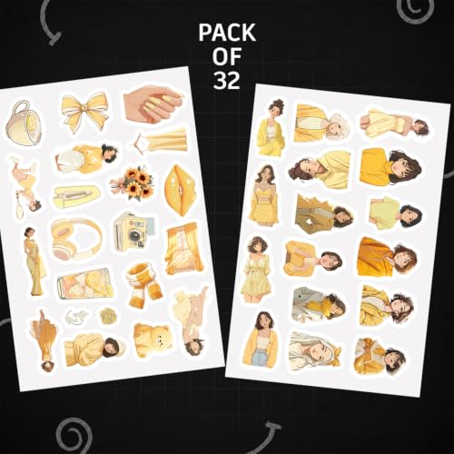 Image of Yellow Aesthetic Kawaii Girl Vinyl Stickers Pack of 34 | Waterproof Butter Yellow & Pastel Cute Fashion Decals for Laptop, Water Bottle, Journal, Scrapbook, Phone Case | Self-Adhesive Sticker Pack