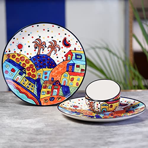 Image of Freakway Hut Family Hand-Painted Glossy Dinner Set Ceramic Stoneware Dinner Set of 4 Pieces | 2 Dinner Plate 10.3 Inch & 2 Serving Bowls 180 Ml | Dishwasher & Microwave Safe - Multicolor