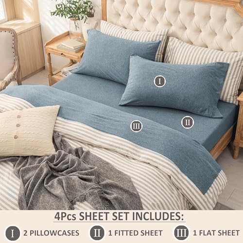 PURE ERA Jersey Knit 4pc Bed Sheet Set 100% T-Shirt Cotton Super Soft Comfy Breathable Fits Mattress Up to 20" Extra Deep Pocket (Heather Blueish Grey, Queen)