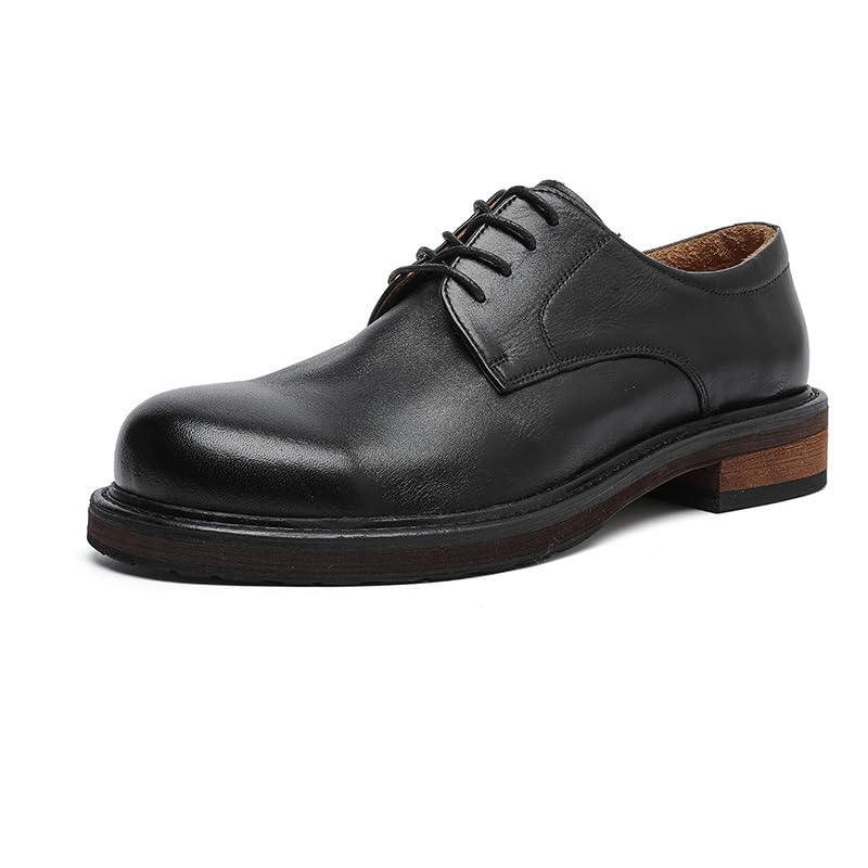 Dress Oxford for Men Lace Up Round Toe Genuine Leather Derby Shoes Block Heel Slip Resistant Rubber Sole Classic