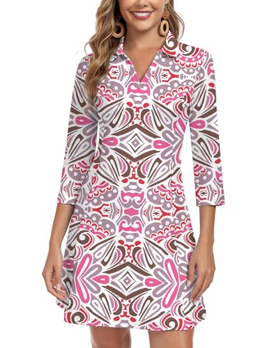WOWENY 3/4 Sleeve Dress for Women with Pockets V Neck UPF 50+ Casual Sun Dress Breathable Quick Dry Beach Vacation (Pink Pattern, M)