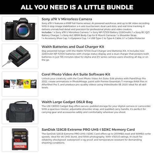 Image of Sony a7R V Mirrorless Camera (Black) - 61MP Full-Frame Digital Camera with Batteries & Dual Charger Kit, Corel Software Kit, 128GB SDXC Memory Card & Large DSLR Bag - Essential Bundle