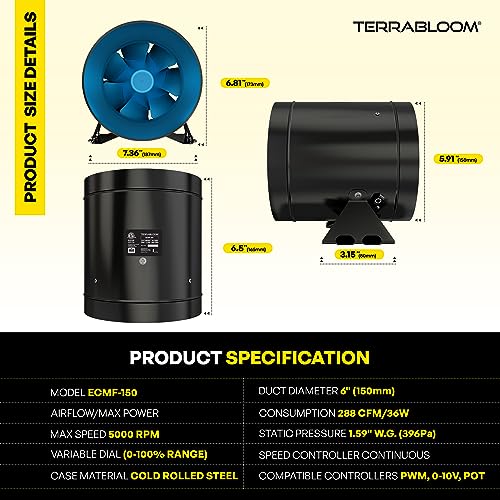TerraBloom 6 Inch Inline Fan ECMF-150 - Quiet HVAC Grow Tent Fan with 0-100% Variable Speed Duct Fan Speed Controller, Premium Metal Casing 40-75% Energy Efficient EC Motor - For Large Spaces - Thumbnail 5