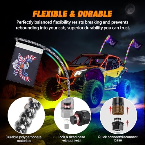 Image of Nilight 2PCS 4FT RGB LED Whip Light and 6 PCS Rock Lights Combo Remote App Control w /DIY Chasing Patterns Stop Turn Reverse Modes Safety Antenna Whips for ATV UTV Polaris RZR Can-am Dune Buggy Jeep