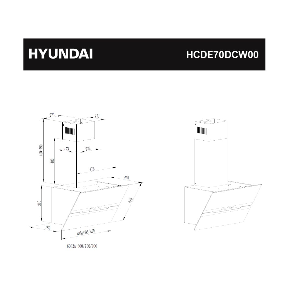 Hyundai Campana Extractora Decorativa Inclinada 70cm, Cristal Blanco, HCDE70DCW00. Potencia 831m3/h, 3 Velocidades, 2 Filtros, 64 dB Nivel Sonoro, Control Táctil, Filtros aptos para Lavavajillas