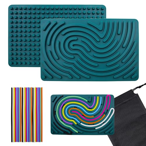 Sensorik Activity Board Silikon, Sensorik Activity Board, Montessori Spielzeug Doppelseitiges Aktivitätsbrett mit 24 Strings & Reisetasche Beruhigung ADHD Autismus Spielzeug für Kinder, Dunkelgrün