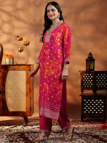 Image of Libas Womens Printed Silk Blend Straight Kurta With Trousers and Dupatta | daily wear suit