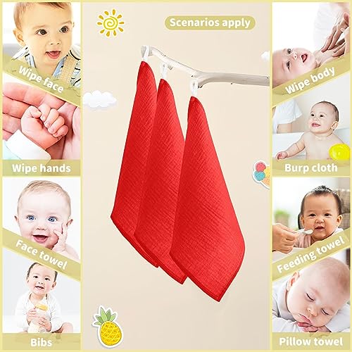 Image of YETTASBIN Red Solid Color Muslin Baby Hand Washcloths, Soft Cotton Bath Face Towel, 4 Layers Extra Absorbent Feeding Burp Cloth for Newborn Infant Sensitive Skin, 3 Pack