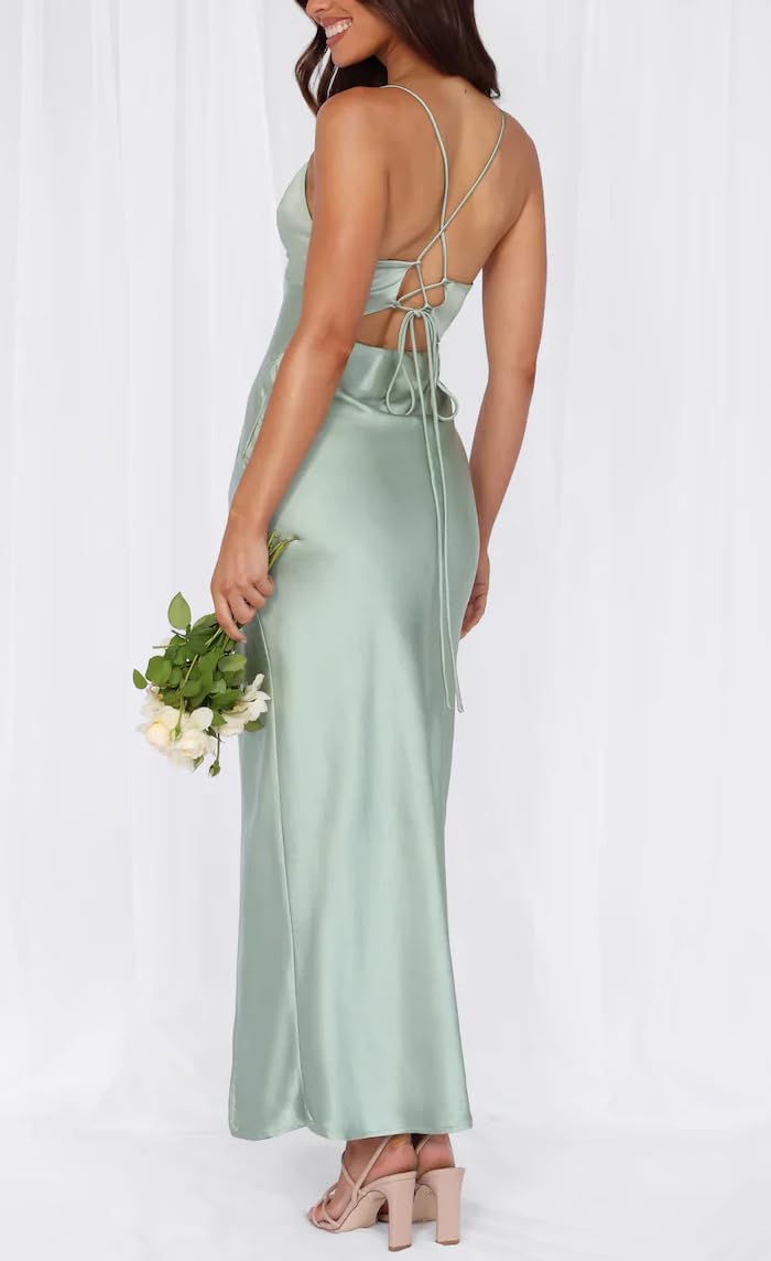 Summer Satin Spaghetti Strap Backless Maxi Dress for Women Formal Silk Tie Back Wedding Guest Dress with Slit - Image 5