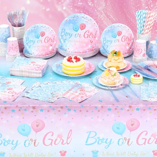 Image of Funnymoom 452 Pcs Gender Reveal Party Supplies for 50 Guests, Pink and Blue Gender Reveal Paper Plates Napkins Cups Tablecloth Cutlery Straws Disposable Tableware for Baby Shower Party Decoration