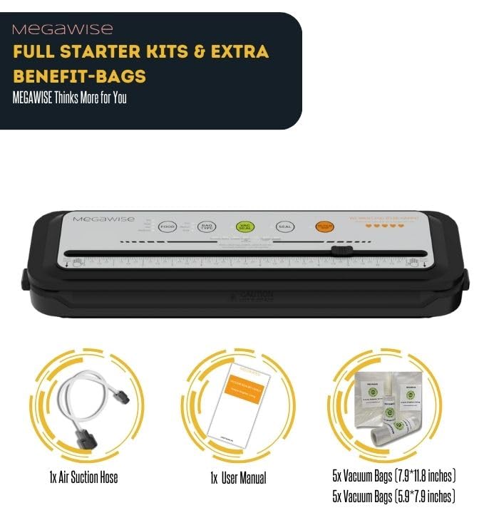 Image of MegaWise Vacuum Sealer Machine, 80kPa Powerful Suction, One-Touch Automatic Food Sealer with Built-in Cutter & Bags Included, Dry Moist Modes for All Saving needs
