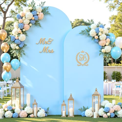 Image of Baby Blue Photo Arch Backdrop Cover Set of 2 for Baby Shower Party 7.2ft and 6ft Arch Covers Stretchy Backdrop Spandex Arch Stand Covers for Boys Birthday Bridal Shower Ceremony Banquet Background