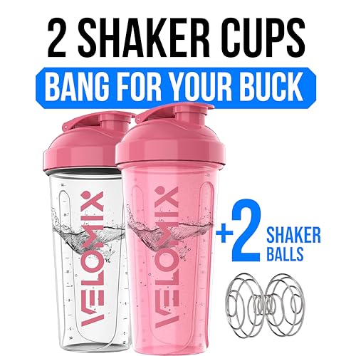 Image of VELOMIX -2 Pack- 28 oz Protein Shaker Bottles for Protein Mixes - 2x Wire Whisk | Leak Proof Shaker Cups for Protein Shakes and Pre Workout | Protein Shaker Bottle Pack (B6) Pink /Transparent