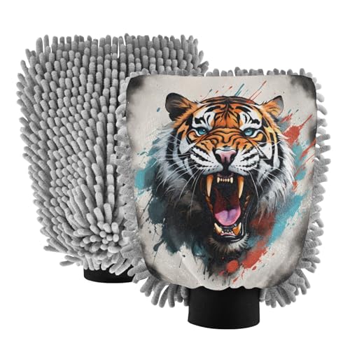 ALAZA Roaring Tiger Watercolor Car Wash Mitt Scratch Free, 2 Pack Absorbent Microfiber/Chenille Washing & Drying Mitts, L