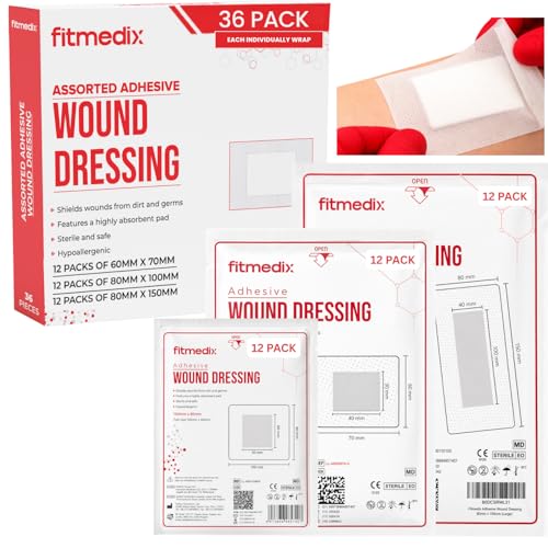 FitMedix Assorted Adhesive Wound Dressings - 36 Packs for Protection from Infection Sterile Individually Wrapped Hypoallergenic Breathable Absorbent for Cuts Grazes Ulcers Sores