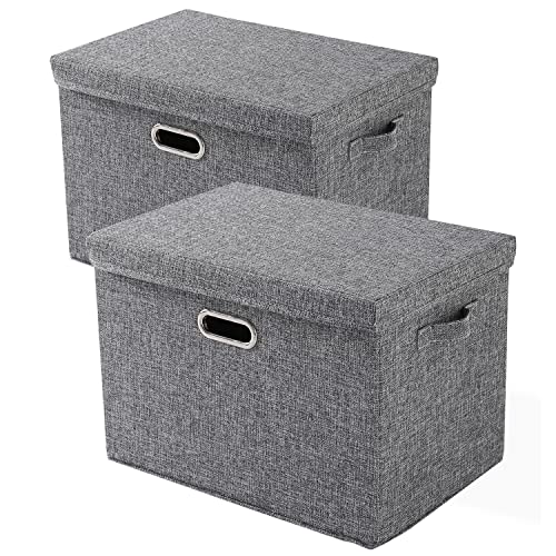 Image of HOKIPO Polyester Linen Multipurpose Storage Bins With Lid For Cupboard, Home And Office, Grey, Medium, Pack Of 2 (Ar4369-M*2)