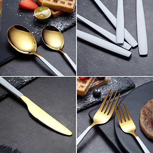 20-Piece Silverware Flatware Cutlery Set,Stainless Steel Utensils Service Set For 4,Mirror Finish,Dishwasher Safe (Shining Golden Spoon And Matt White Handle) #TOP6