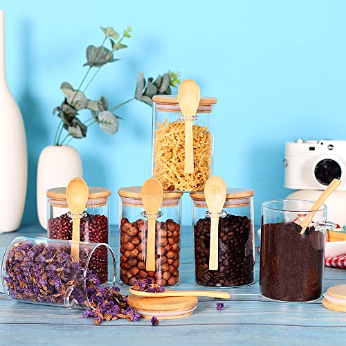Glass Jars With Bamboo Lids And Spoon Set Of 6, 17 Oz Coffee Sugar Container Set With Scoop, Overnight Oatmeal Jars Containers With Lids And Spoon For Loose Tea, Yogurt #TOP5