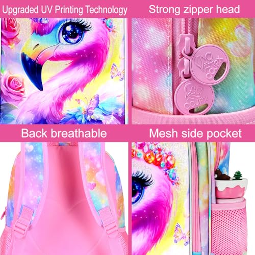 Image of 16 inch Flamingo Backpack for Girls, 3Pcs School Bookbag Set with Lunch Box, Kids Backpacks for Elementary Preschool Kindergarten (Rainbow)